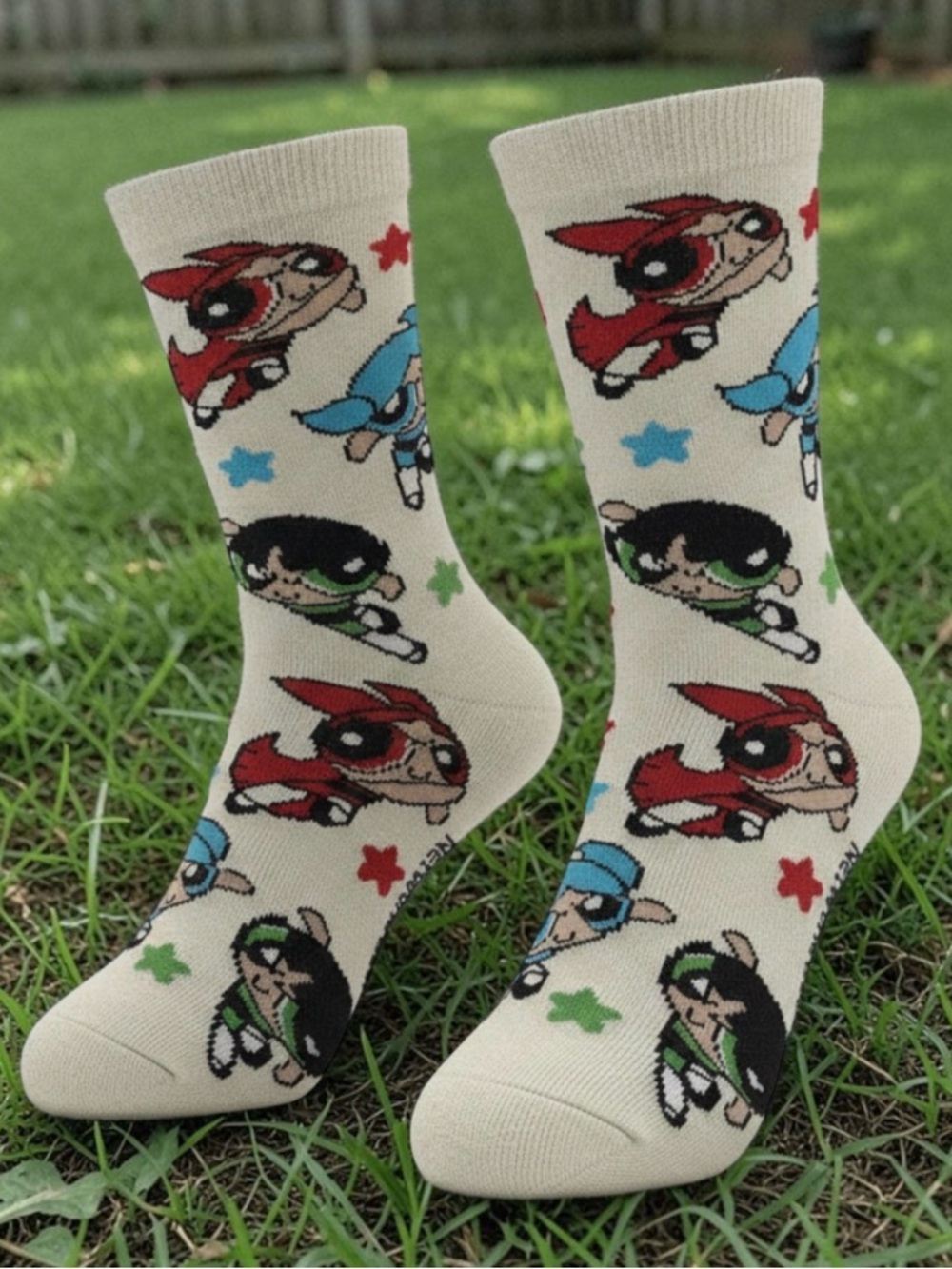Power Puff Girls Crew Socks with Cartoon Superhero Print - Cream Color